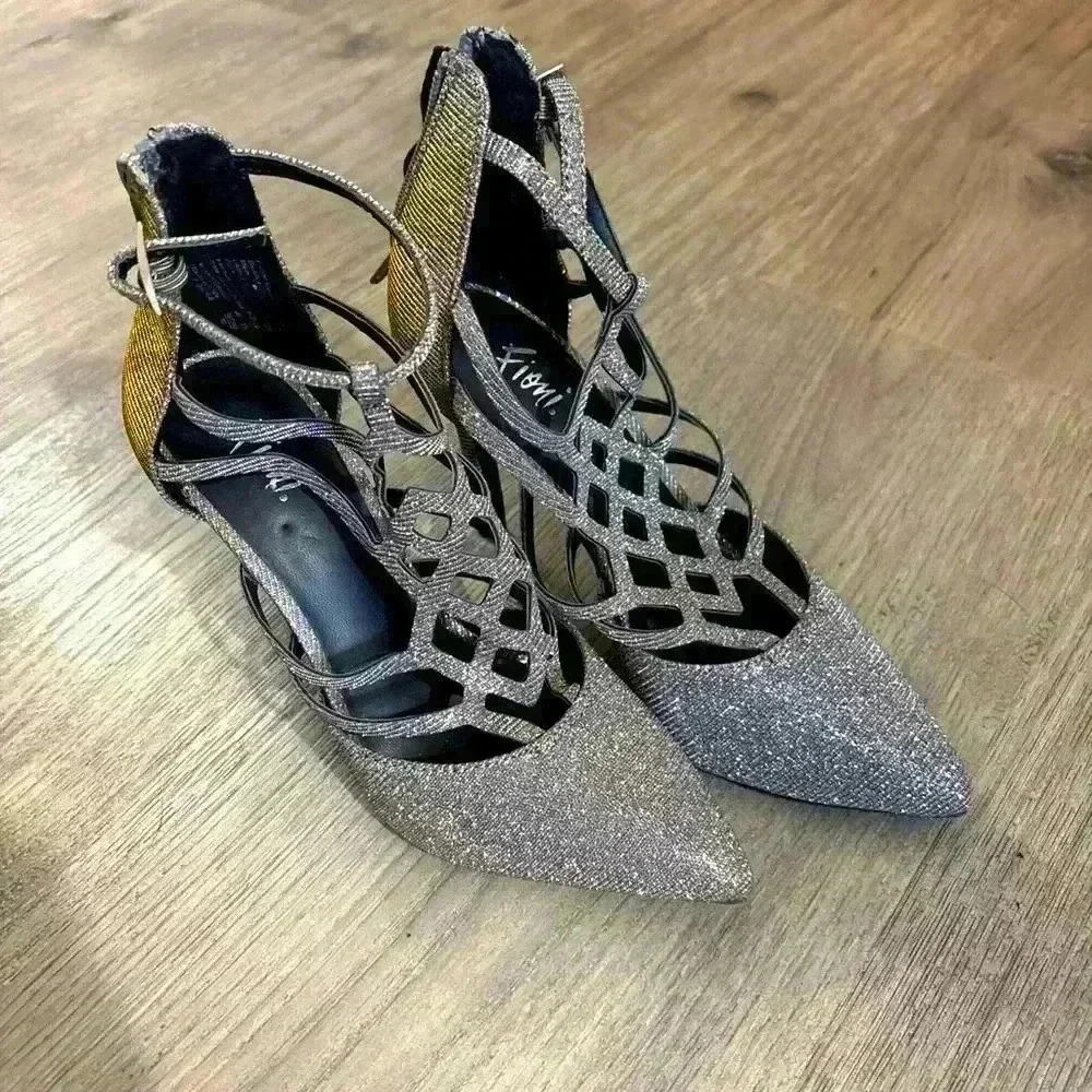 Fioni Closed Pointed Toe Silver Sparkle Heels Size 5 Zipper 3” Heel Buckle Strap